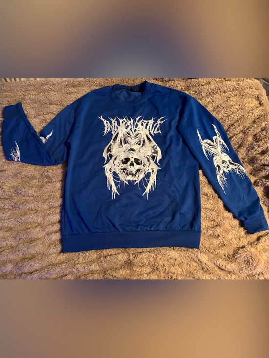 ROMWE Sweaters - ROMWE Blue Crewneck Sweatshirt with White Skull Graphic